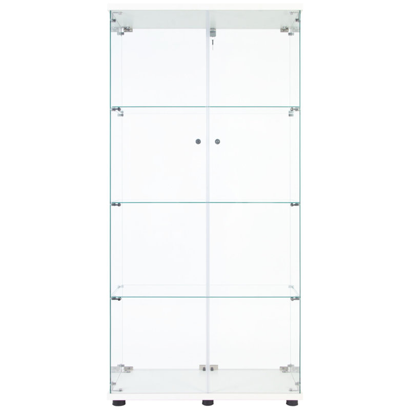 Vitrine à 4 tablettes en verre avec bande à DEL, 12 réglages de couleur, télécommande, 66,21H x 31,34L 14,18W, à piles, verre trempé, coupes en bois massif, sélections, tablettes