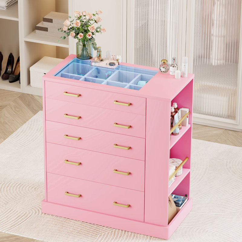   30.71W” Drawer Dresser & Wardrobe Closet, Modern Chests of 5 Drawers with Led Light, Tempered Glass Top, Open Storage And Jewelry Organizer for Bedroom & Wardrobe Closet Island, Pink