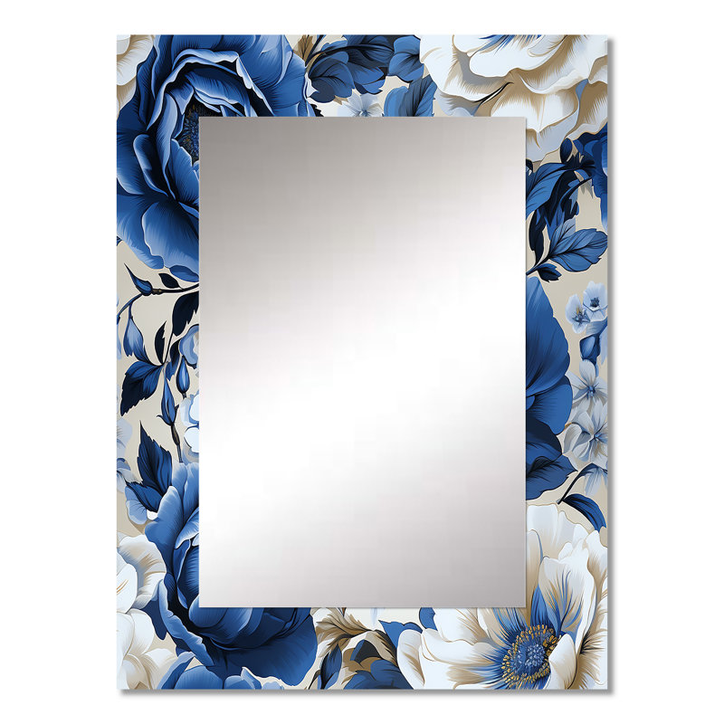 Speece cobalt bleu néo victorien roses motif victorien - miroir mural floral unique, 32 po x 24 po