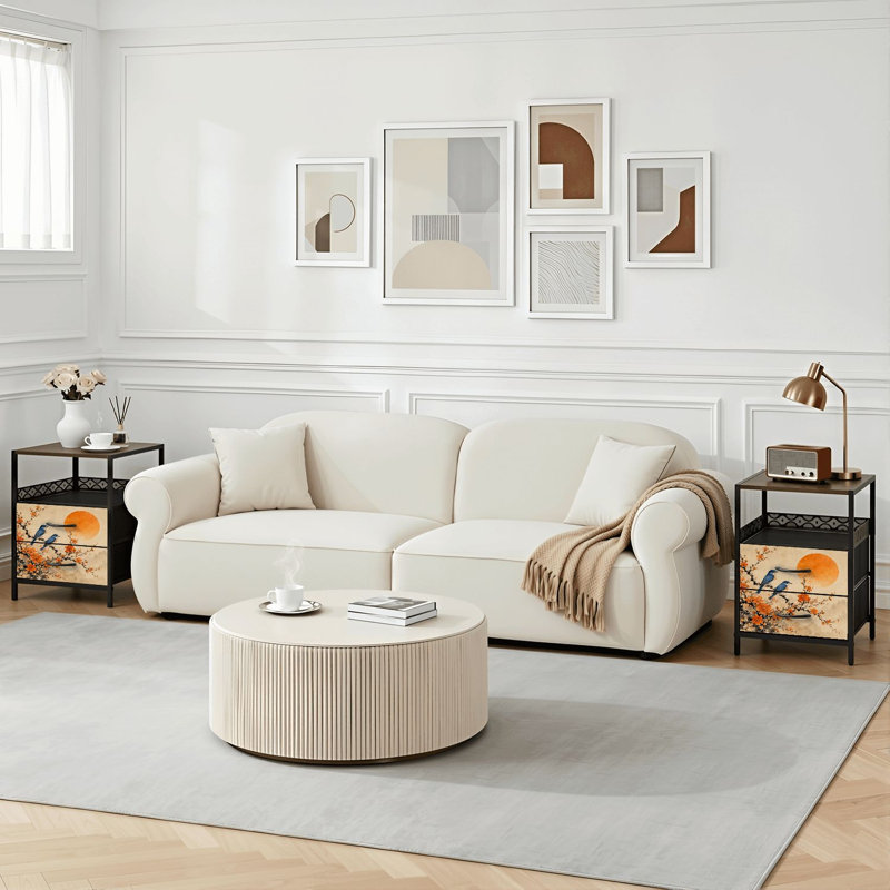 Table de chevet 2 tiroirs avec station de charge, table de chevet pour chambre à coucher avec ports USB, tablette ouverte noire, table de chevet avec branches bleues à fleurs et fleurs orange