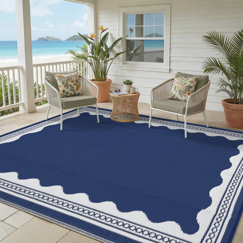 Outdoor Rug 9x12 Scalloped Waterproof Patio RV Outdoor Rugs Reversible Foldable Plastic Straw Rug Modern Camping Carpet for Deck Camper Porch Balcony Backyard Picnic Beach Dark Blue
