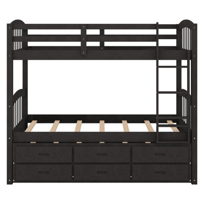 Lit superposé simple au-dessus d'un lit simple en bois avec lit gigogne et tiroirs, espresso
