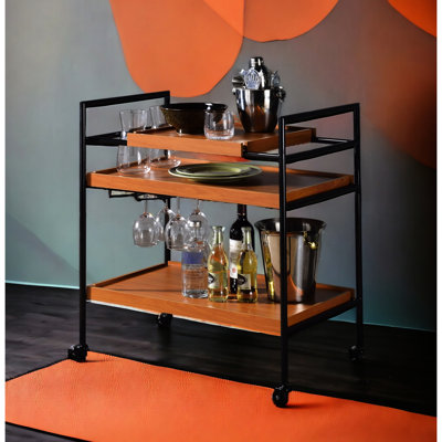 Oaken Honey Oak & Black Finish Serving Cart, 3 Wooden Adjustable Trays, 29.25 In. Width, 20Lbs Shelf Capacity, Synthetic Wood Cart With Open Compartme by Latitude Run