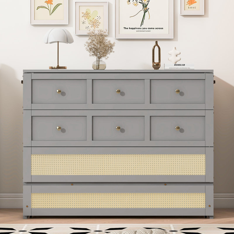 Lit escamotable pleine grandeur avec grands tiroirs de rangement, armoire-lit peu encombrante, conception en rotin, capacité de 450 lb, gris