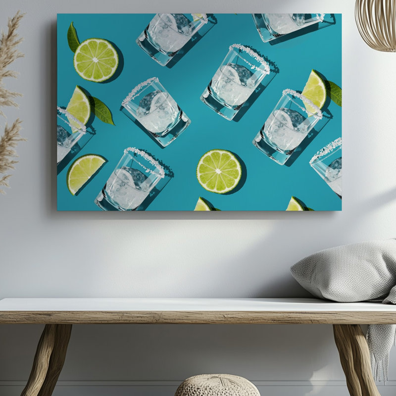 «Canvas A Vibrant Playful Composition» présente un ensemble de verres d'art transparents, chacun rempli de liquide cristallin et d'art sur toile bordé