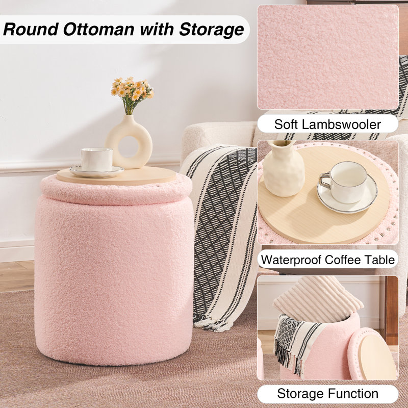 Round Ottoman With Storage Set Of 2, Pink Teddy