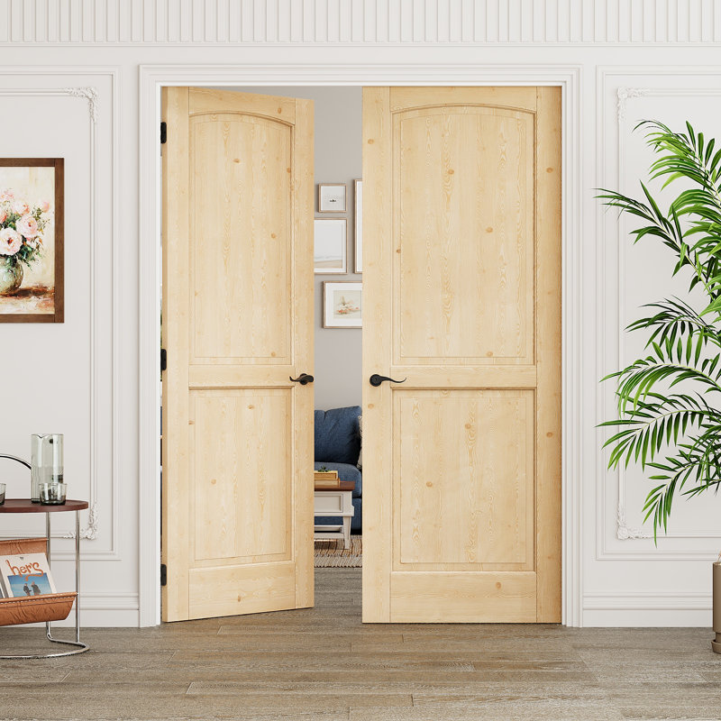 Porte intérieure à deux panneaux en pin massif naturel de style colonial, double porte-fenêtre, cadre blanc et quincaillerie noire mate - Poignée de porte avec serrure, loquet et charnières, non finie et à peindre, idéale pour garde-manger, pièce, chambre, salle de bain et placard, 122 cm x 203 cm