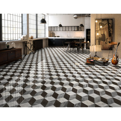 Carreau de marbre hexagonal poli - blanc, gris et noir, 12 pièces, rehausse le carrelage et le mur intérieur en pierre naturelle noire pour le salon, le couloir de salle à manger, la cuisine et la salle de bain