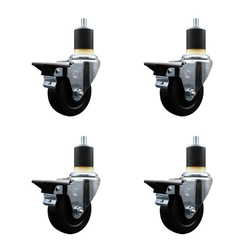 Soft Rubber Swivel Expanding Stem Caster Set with Brake SCC PLB 3.5" x 1-7/8"