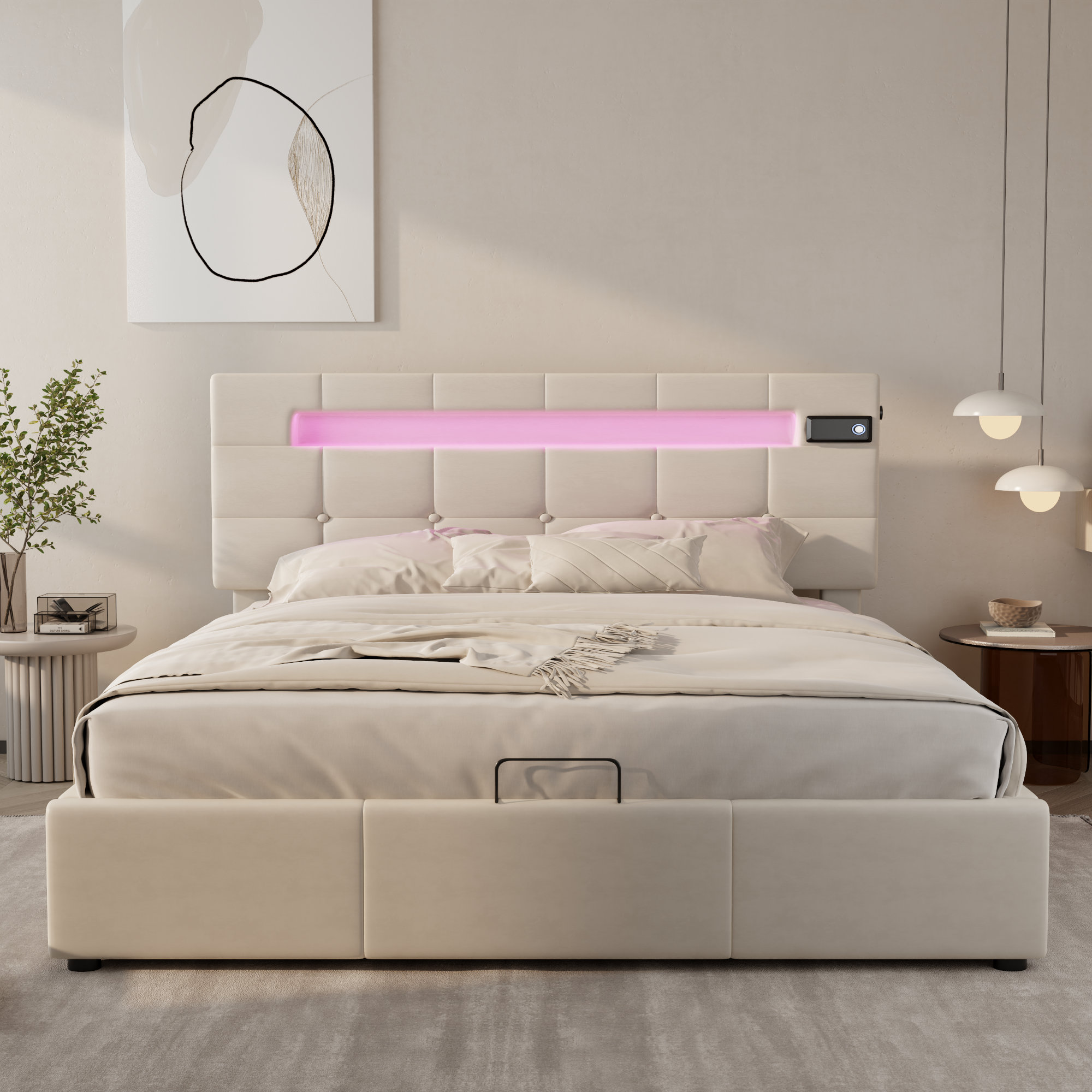 Modern LED Upholstered Tufted Platform Bed Frames Queen Size Lift Up  Storage Bed
