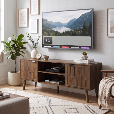 Meuble télé en noyer de 120 cm (47,2 pouces), de style moderne du milieu du siècle, pour téléviseur de 81/114 cm (32/45 pouces), design inspiré des trombones