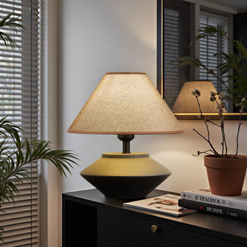 Futuristic Ufo Ceramic Table Lamp – Black Handmade With Linen Shade For Bedroom, Living Room & Bedside