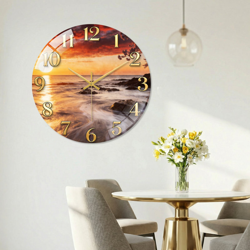 Horloge murale décorative moderne en verre Sunset Beach, 40 x 40 cm (15,7 x 15,7 pouces)