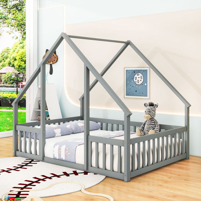 Wood Floor Bed With Safety Guardrails, House-Shaped Design, Gray, Full