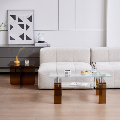 Table basse rectangulaire en verre à 2 niveaux pour le salon, 2 rangements pratiques et élégants