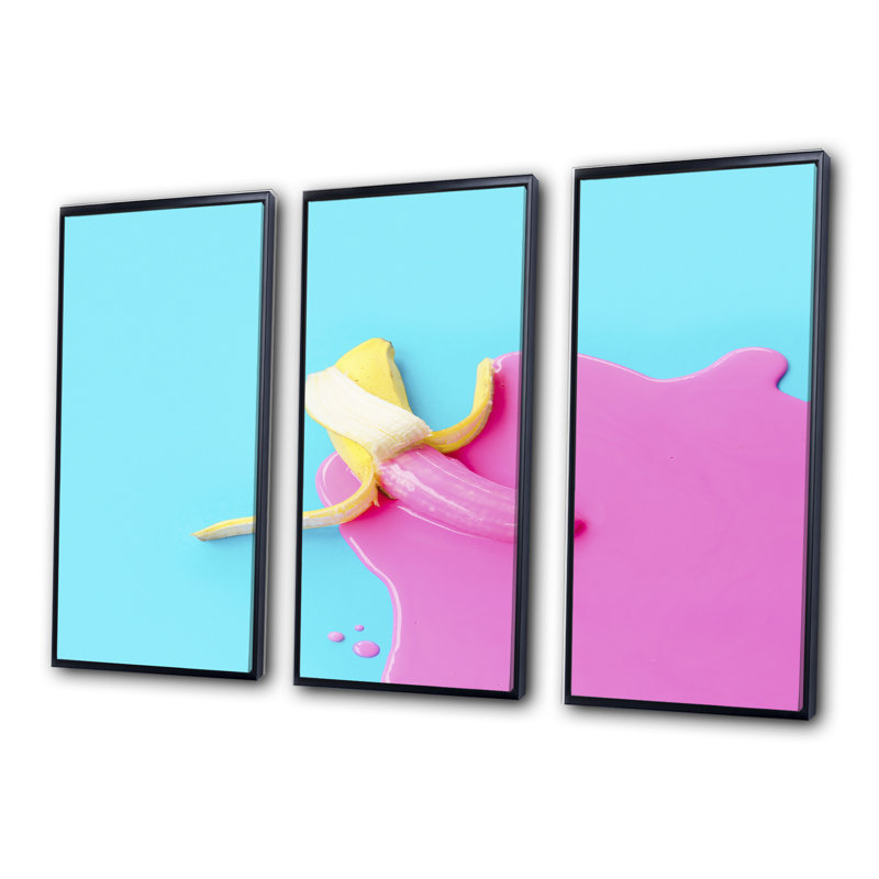 Banane rose et bleue - ensemble d'art mural moderne sur toile encadrée 3 pièces, H 32 po x l 48 po x P 1 po, Noir