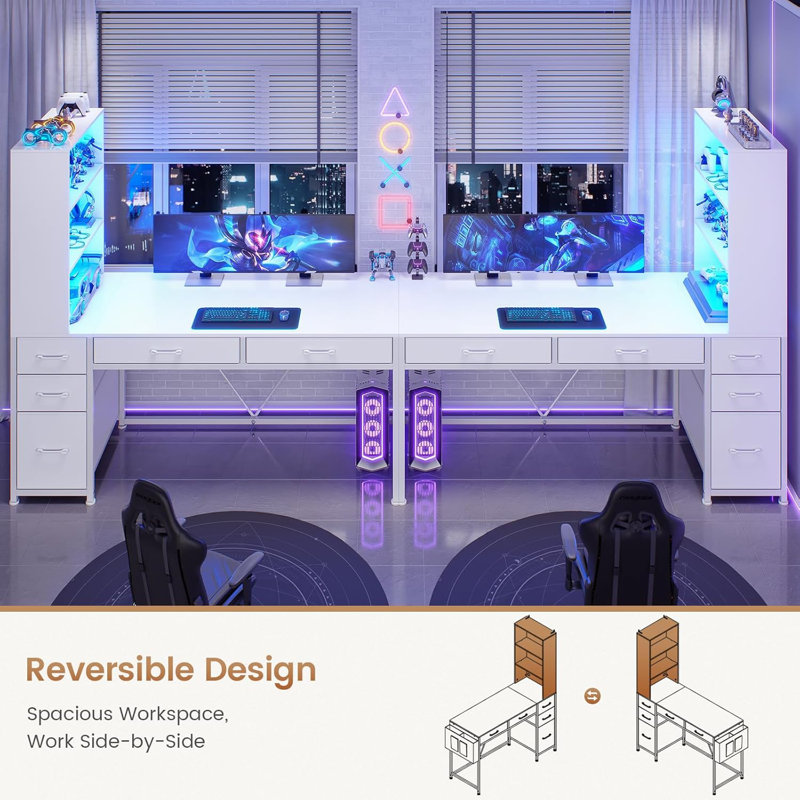 Barbarino Computer Desk With 5 Drawers And Bookshelf Led Lights For Small Spaces, White/White