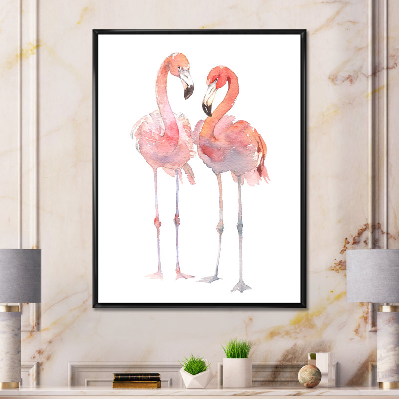 Flamants roses sur fond blanc II - reproduction sur toile, H 44 po x l 34 po, Toile à cadre flottant noir