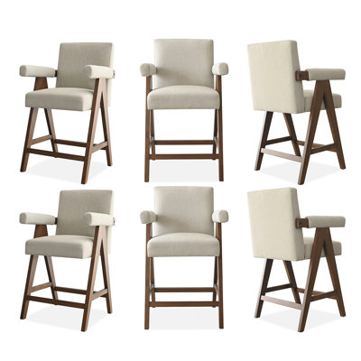 25.5" Full Back Walnut Wood Upholstered Counter Stool With Arms