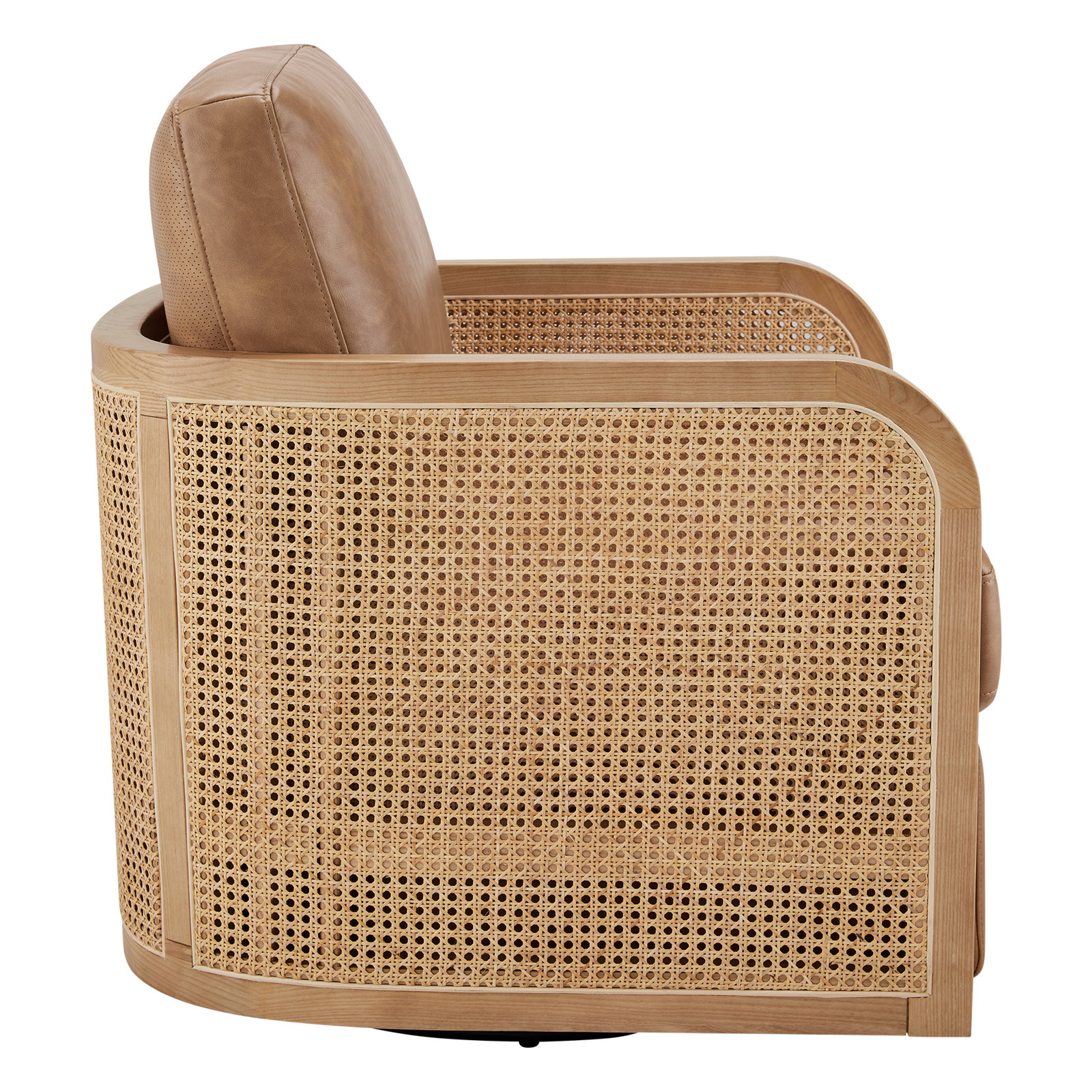Juliette Leather Natural Cane Swivel Barrel Chair, Copley Camel Vegan Leather