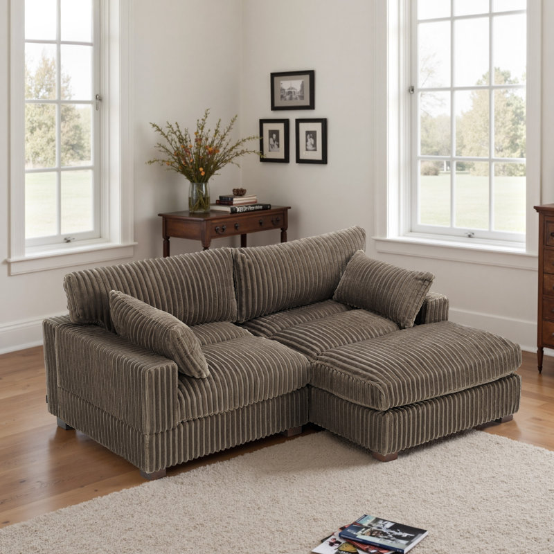 2 - Piece Upholstered Light Brown Faux Rabbit Fur Flannel Reversible Modular Sofa Living Room Sectional Couch with Pillows