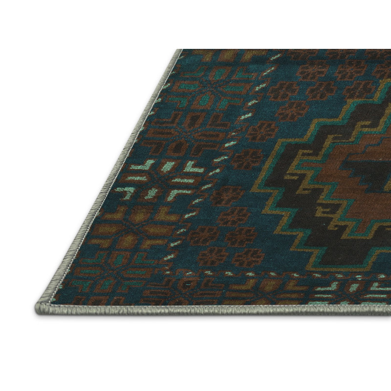 Tapis en chenille tissé à la machine Mohanram - turquoise / bleu / brun, Rectangle 7 pi x 10 pi