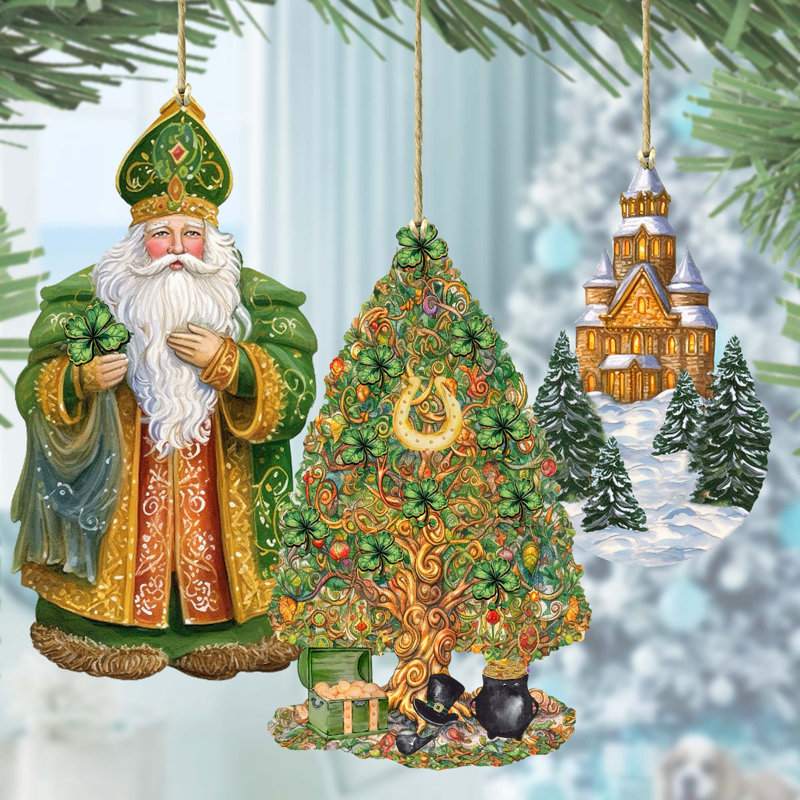 3 Piece Irish-Inspired Santa Wooden Ornaments