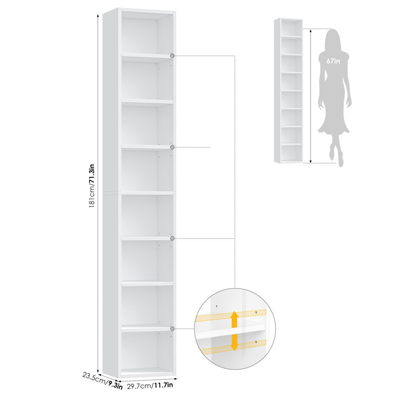 Brenya 8-Tier Thin and Tall Bookshelf with Open Adjustable Shelf, White