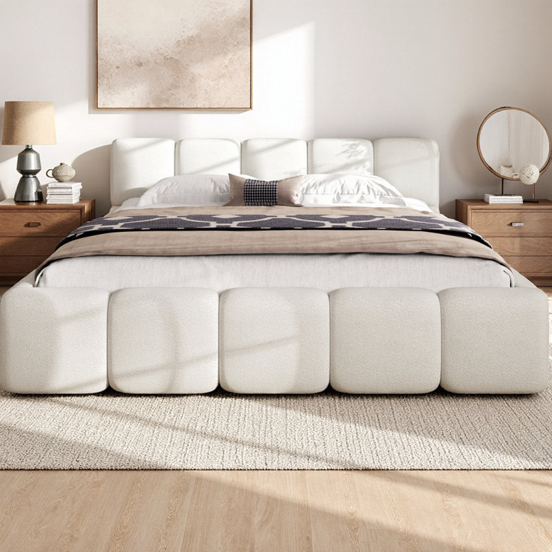 Structure de lit tapissier Cocoon, tête de lit et pied de lit en tissu Boucle, conception de base en forme de bloc, aucun sommier nécessaire, centre de chambre moderne (blanc)