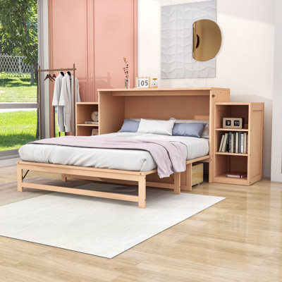 Lit escamotable avec tiroirs de rangement et tablettes ouvertes Murphy