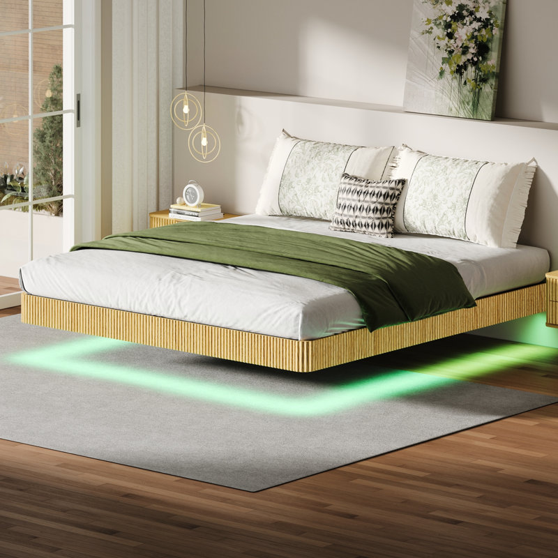 Oak - Colored King Size Floating Bed Frame, Wave Curve Wood Texture, Led Lights, Metal Invisible Suspension, Sleep Rejuvenation Effect Frame For Bed, Oak, Heavy Duty Slats, Physical Release