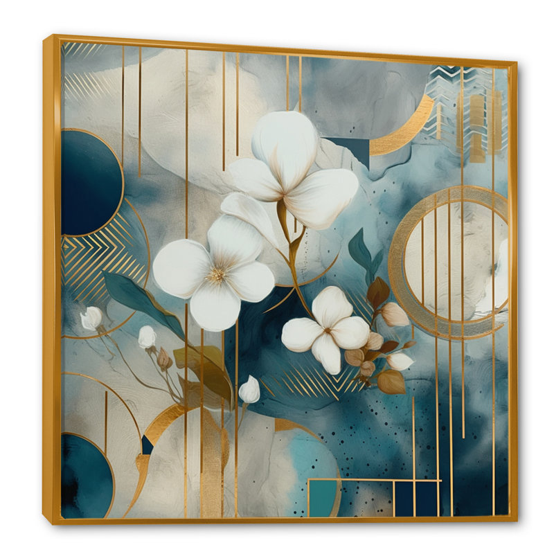 Motif floral doré bleu mosaïque III - impression, H 16 po x l 16 po x P 1 po, Cadre flottant doré