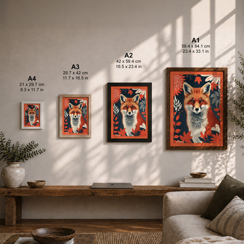 Fox in Botanical Frame Boho - Framed Print, A2 - 59.4 x 42.0 cm, Unframed