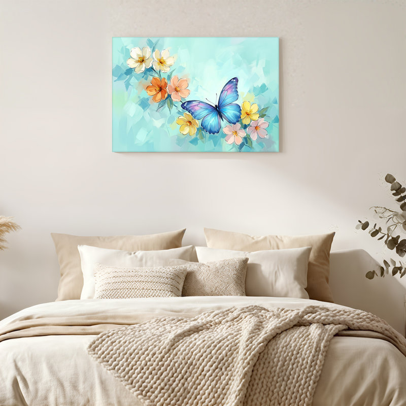 «Blue Butterfly» et fleurs pastel sur fond bleu clair, art mural sur toile, H 20 po x l 30 po