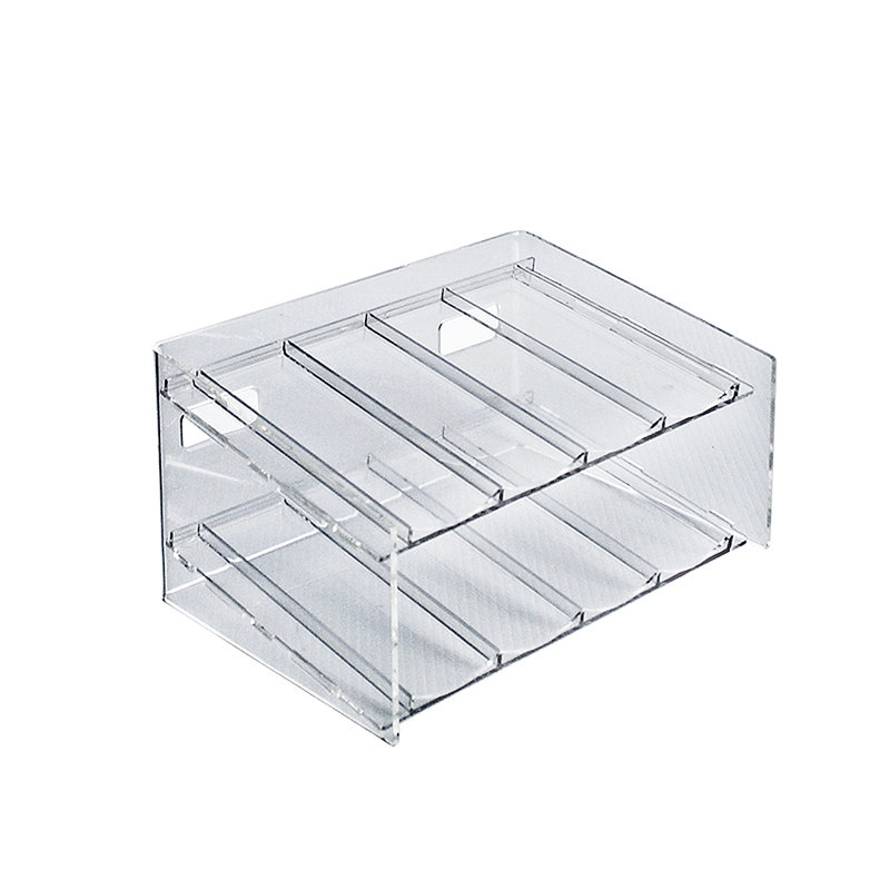 Présentoir à deux niveaux à 8 compartiments, 4 composants par niveau. Dimensions: l 12 po x P 8,5 po x H 6,5 po