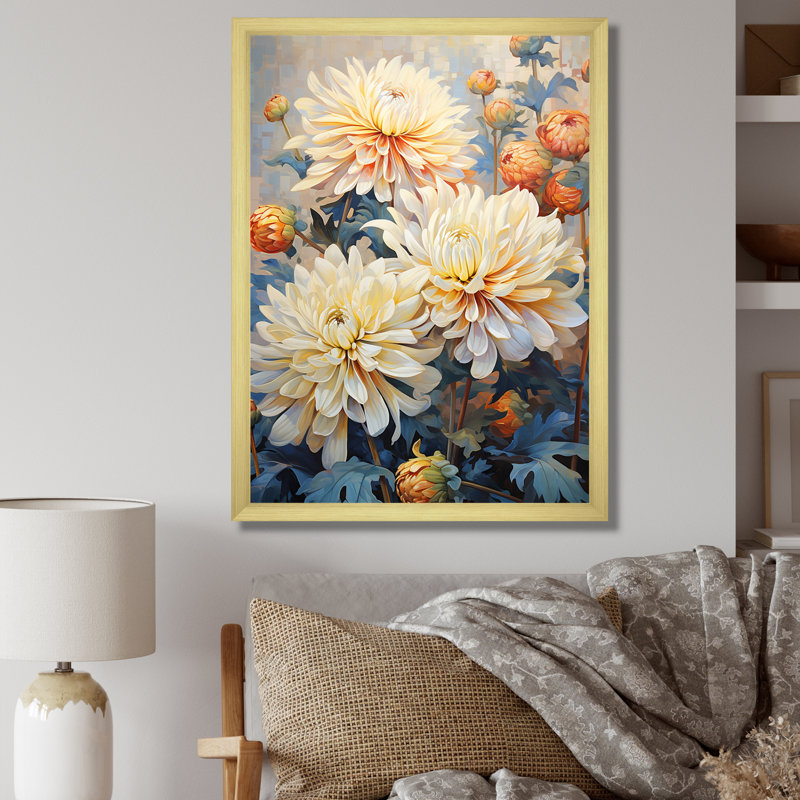 Chrysanthèmes blanc bleu mosaïque jardin I - impression, H 44 po x l 34 po x P 1,5 po, Cadre doré simple