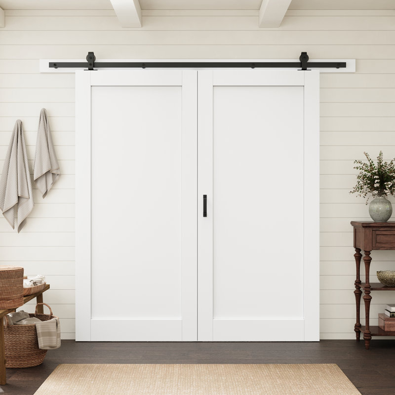 Porte intérieure standard à un panneau, âme pleine, apprêtée et préfinie, 36 po x 80 po, avec ensemble de quincaillerie pour portes de grange pliantes