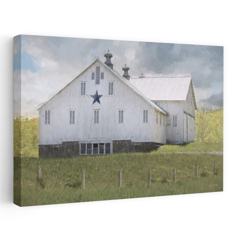 Country Charm Barn - Modern Farmhouse Vintage White Barn Blue Star, H 16 po x l 24 po