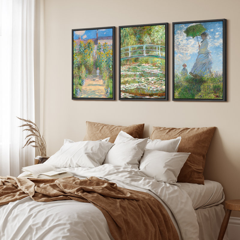 Claude Monet, art mural sur toile encadré jardin et paysage - ensemble impressionniste de 3 pour décoration intérieure classique