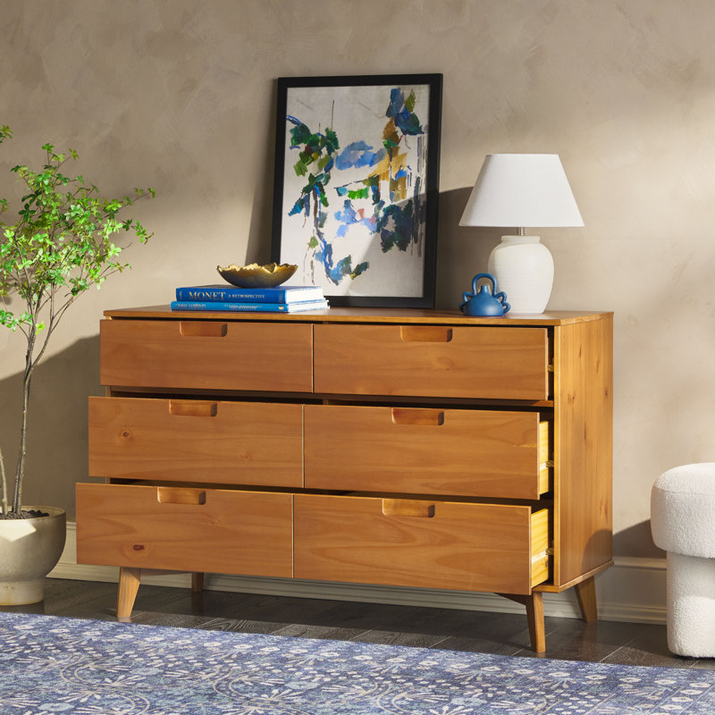 Yarber 6 Drawer Solid Wood Double Dresser, Caramel