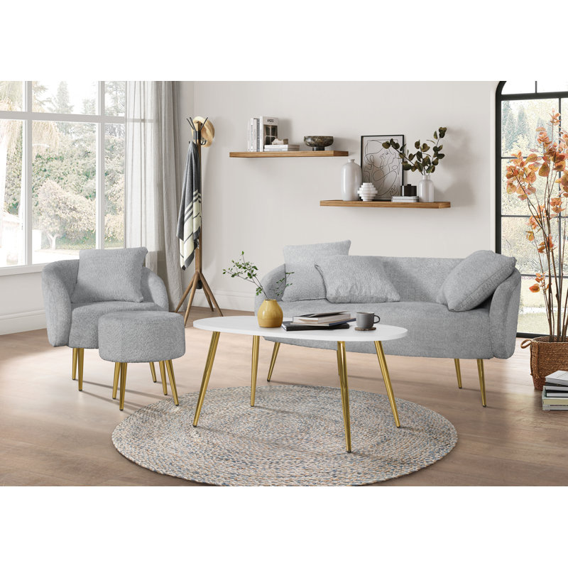 Ensemble de salon avec repose-pieds et causeuse Bouclé avec repose-pieds, table basse et 4 coussins décoratifs