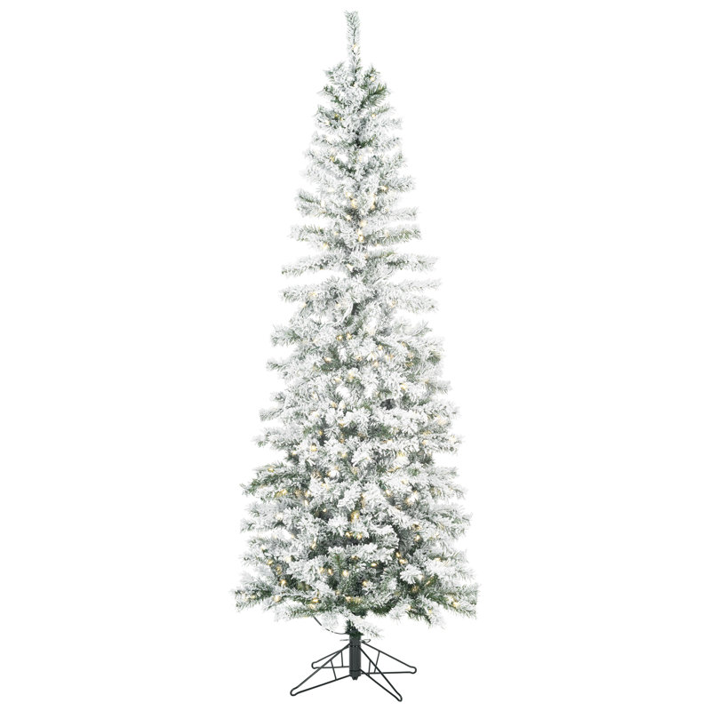 Pacific Flocked Pencil Pine Artificial Christmas Tree with Lights and Stand Included, 9.5' H, Warm White LED