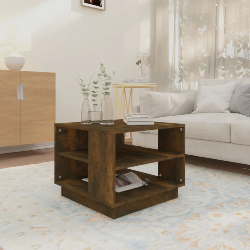 Glass End Table with Storage, Brown Oak, 21.7"x21.7"x16.9"