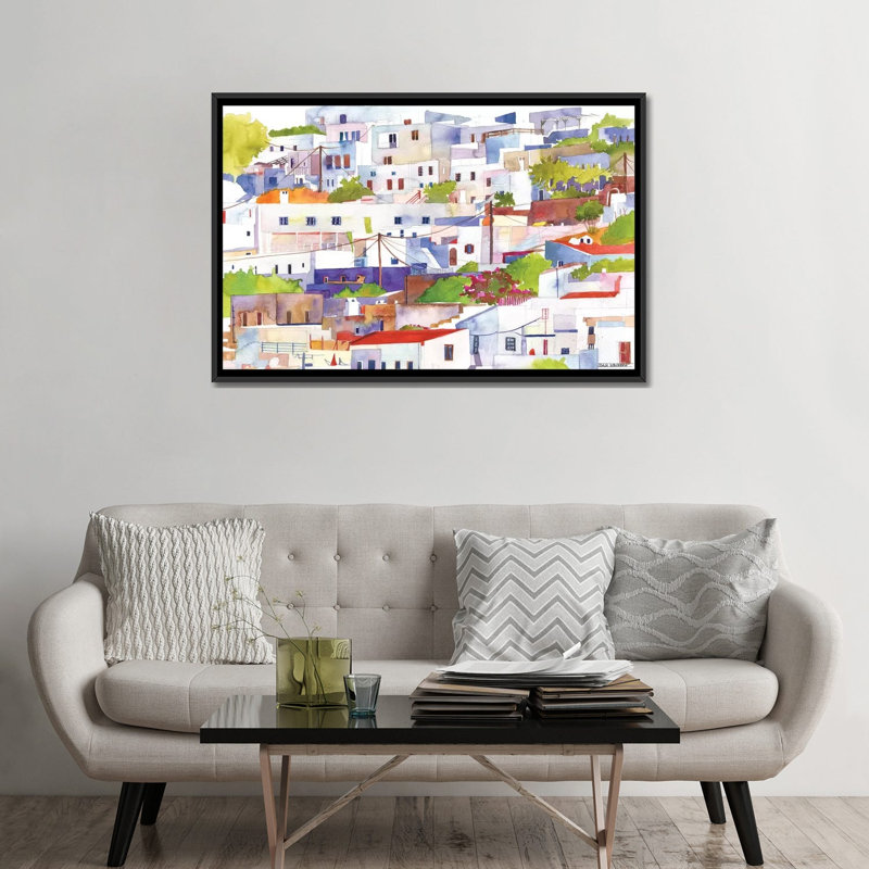 «Lindos» par Maja Wronska, impression sur toile, Toile avec cadre noir, Pas de tapis, H 32 po x l 48 po x P 1,5 po