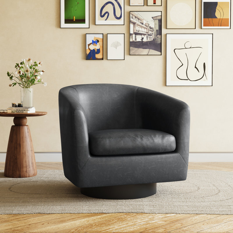 Applewold Upholstered Black Faux Leather Swivel Barrel Chair with Solid Wood Base, Black