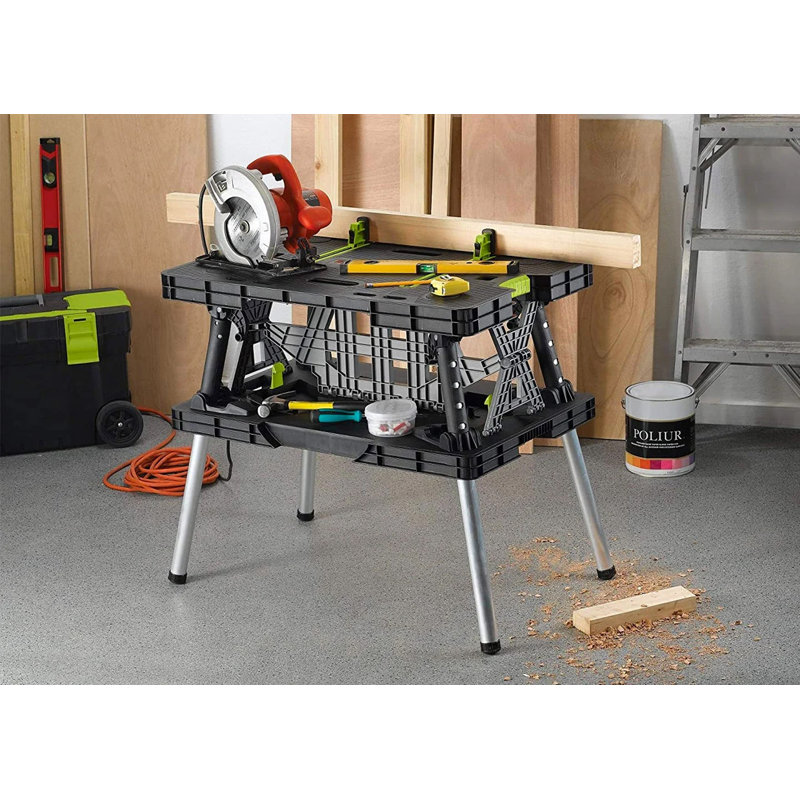 Keter Folding Table Work Bench for Miter Saw Stand with Included 12 Inch Wood Clamps Ideal for Woodworking and Accessories
