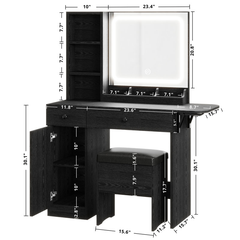 Ensemble de coiffeuse avec miroir lumineux à DEL et prise de courant, plateau de maquillage avec 3 bibliothèques ouvertes, 3 casiers, 2 tiroirs, table de commode pour chambre à coucher, vestiaire