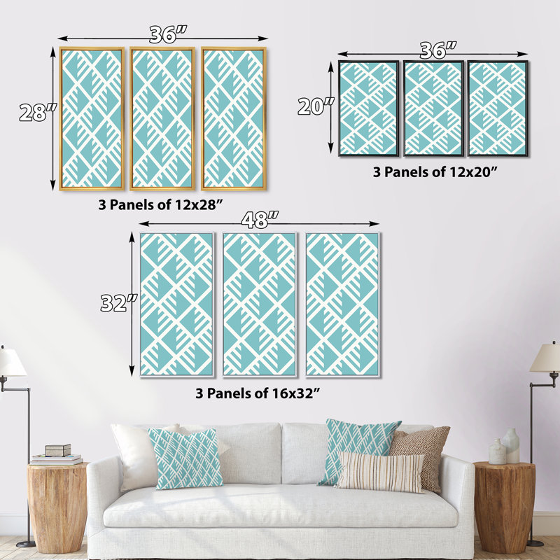 «Light Blue Diamonds», ensemble de 3 toiles encadrées encadrées, H 28 po x l 36 po x P 1 po, Blanc