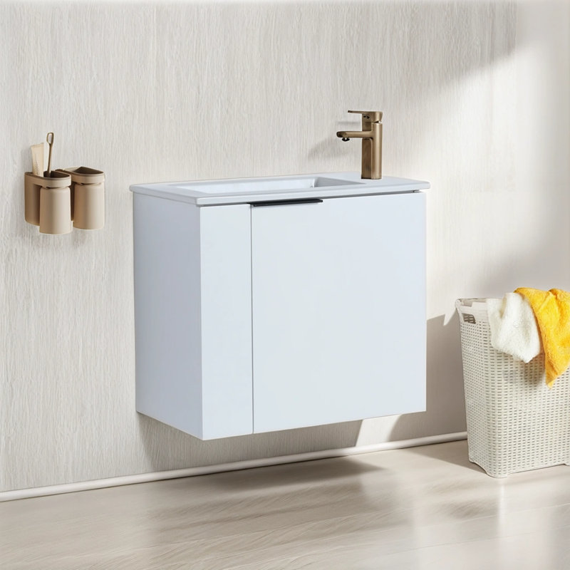 Meuble-lavabo simple avec plateau en céramique Cuahutemoc, Blanc