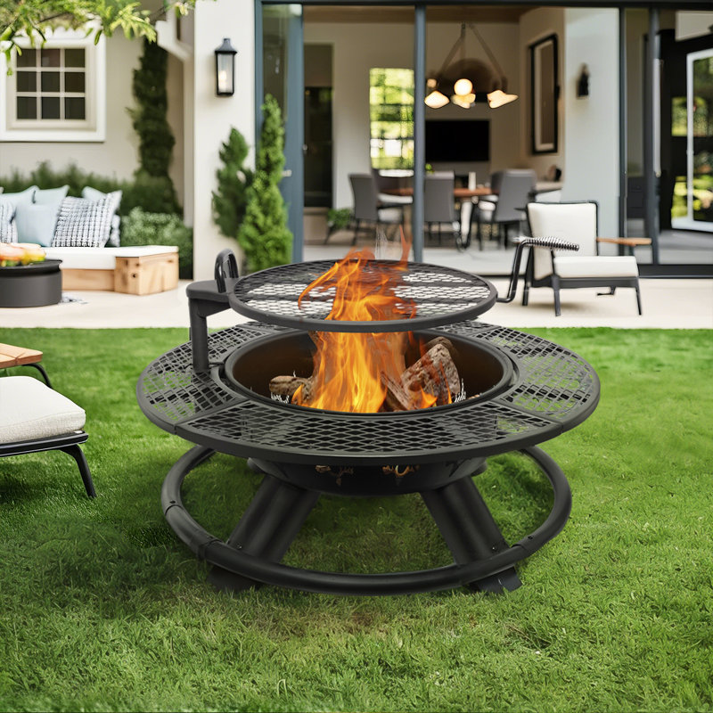 Arlmont & Co. Large 47" Wood Burning Fire Pit Outdoor Backyard Patio Fire Pit With Cooking Grill Grate, Deer Head Style